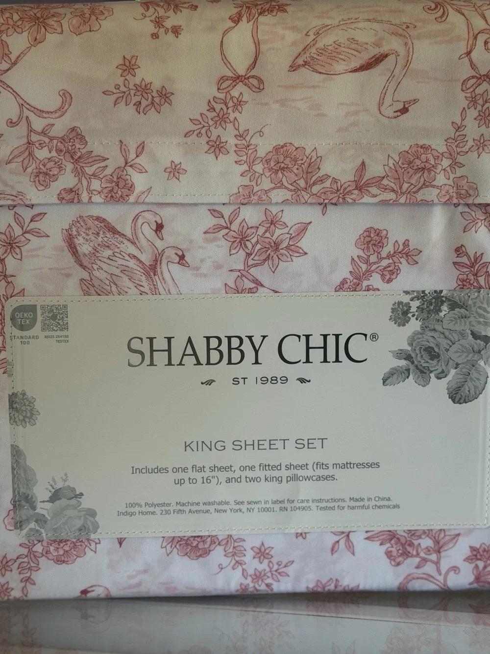 Shabby Chic king Sheet Set Pink White Swan Toile Floral 4 Piece Microfiber NEW